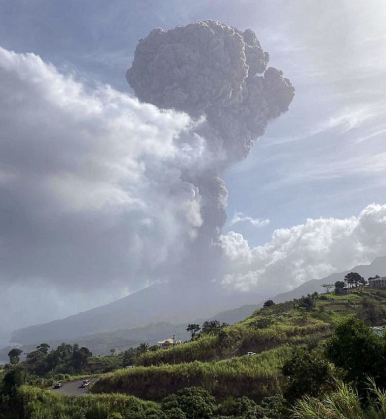 Photo of the first ash plume from Soufrière St. Vincent